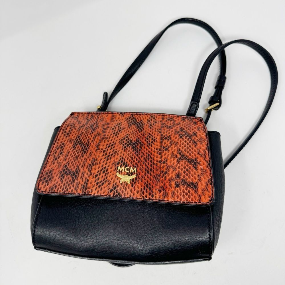 MCM | Orange & Black Snakeskin Print & Leather Crossbody Sling Bag Purse